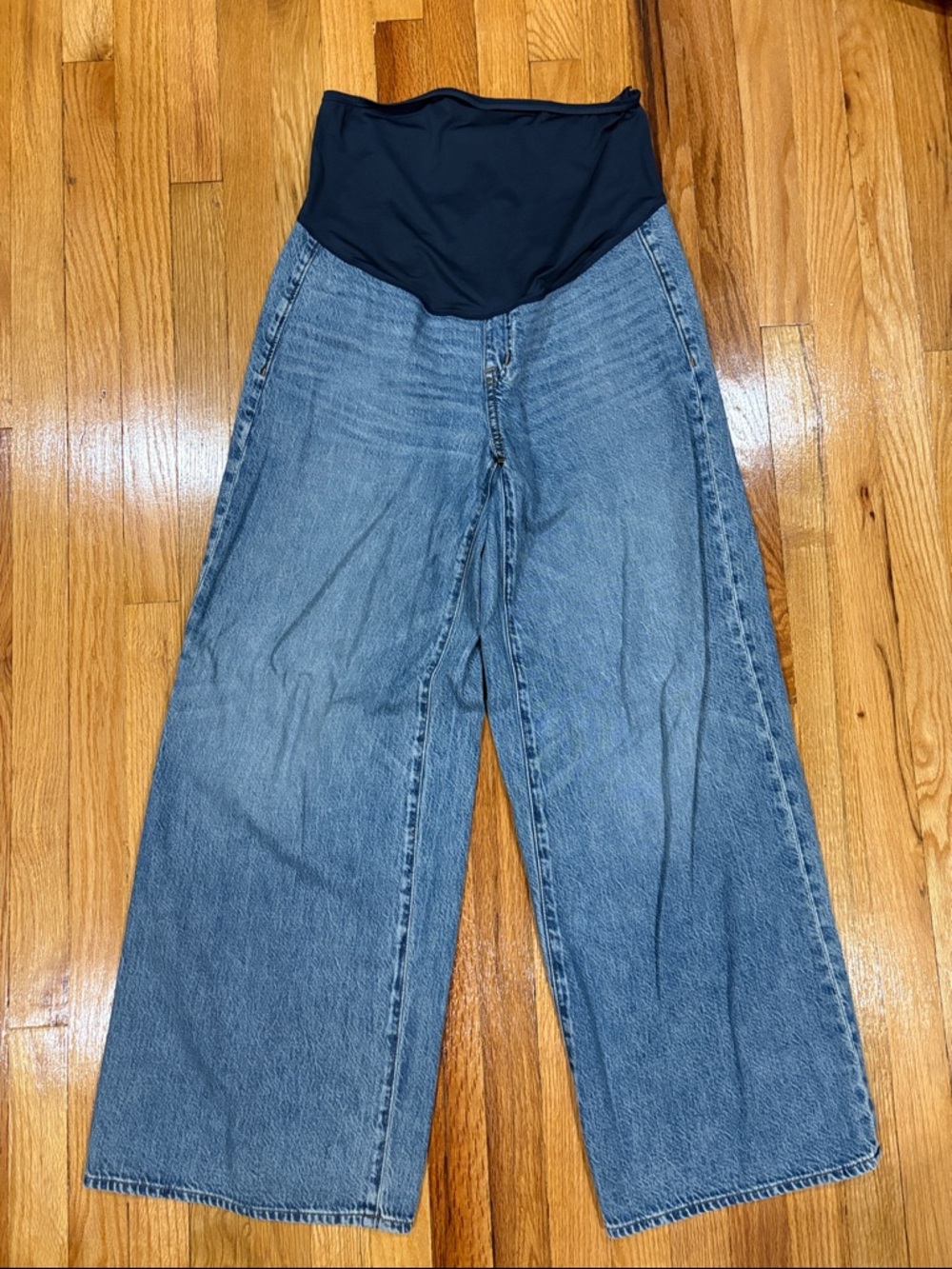 Madewell Blue Denim Super Wide-Leg Maternity Jeans with Black Waist Panel